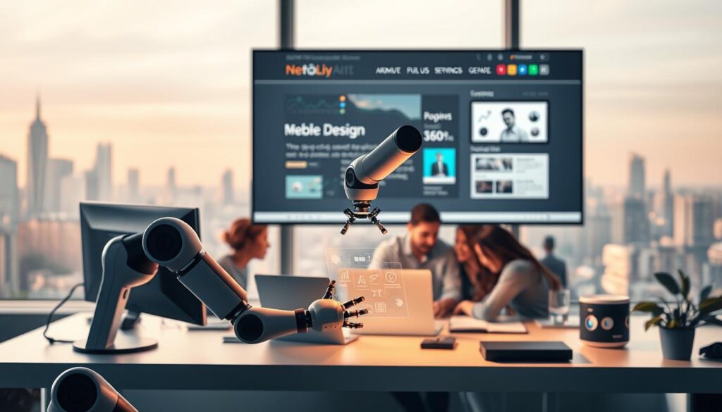 A sleek, modern workspace with a large monitor displaying a stylized web design process. In the foreground, a robotic arm delicately manipulates digital design elements, integrating AI-powered tools. In the middle ground, a team of developers and designers collaborate, their faces reflecting a mix of focus and excitement. The background showcases a cityscape, conveying the sense of a thriving, tech-driven business landscape. Soft, diffused lighting creates a warm, productive atmosphere, underscoring the seamless integration of human and machine in the custom web design process.