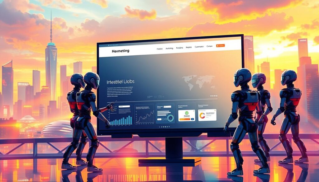 A vibrant, dynamic scene of a website launch marketing campaign led by advanced AI and intelligent machines. In the foreground, a sleek, minimalist website design is displayed on a large digital screen, surrounded by a team of sophisticated AI assistants and robotic marketers collaborating seamlessly. The middle ground features an array of data visualization tools, predictive analytics, and targeted advertising algorithms, all working in harmony to optimize the website's online presence and reach. In the background, a futuristic cityscape with towering skyscrapers and a vibrant, technology-driven atmosphere sets the stage for this cutting-edge marketing endeavor. Warm, vibrant lighting casts a glow over the scene, conveying a sense of innovation, efficiency, and the power of AI-driven business solutions.